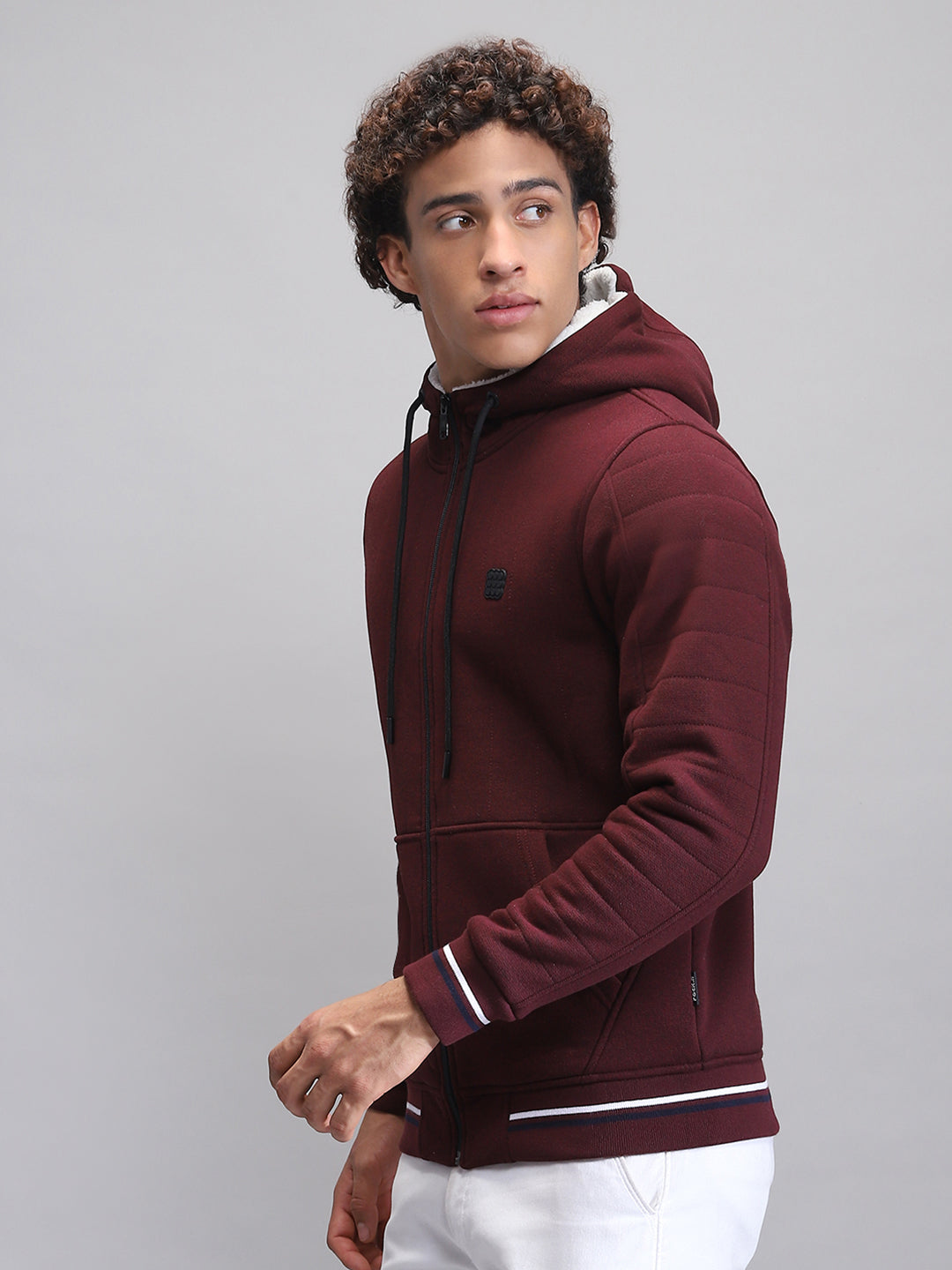 Rock.it Men Maroon Solid Hooded Full Sleeve Sweatshirt