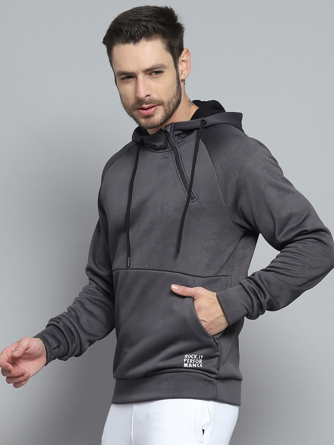 Men Grey Solid Hooded Full Sleeve Sweatshirt