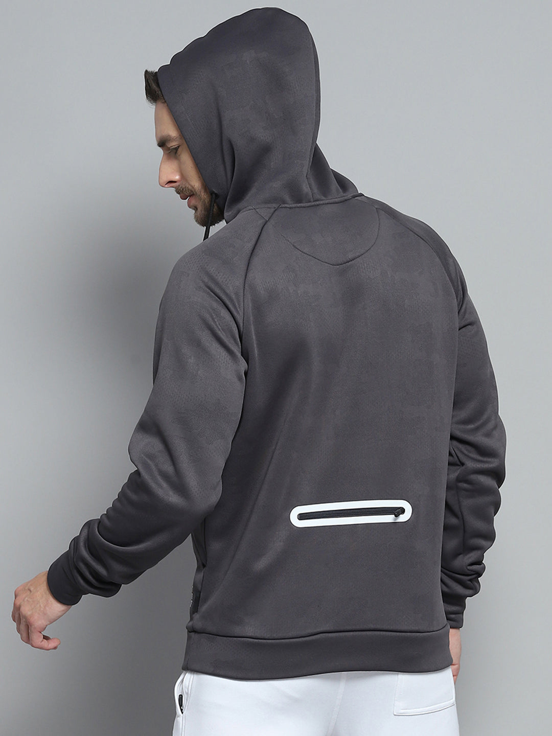Men Grey Solid Hooded Full Sleeve Sweatshirt