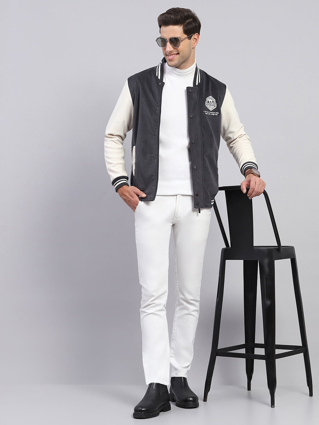 Men Charcoal Self Design Band Collar Full Sleeve Sweatshirt
