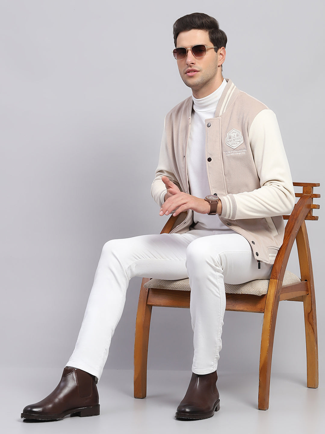 Men Beige Printed Mock Neck Full Sleeve Sweatshirt