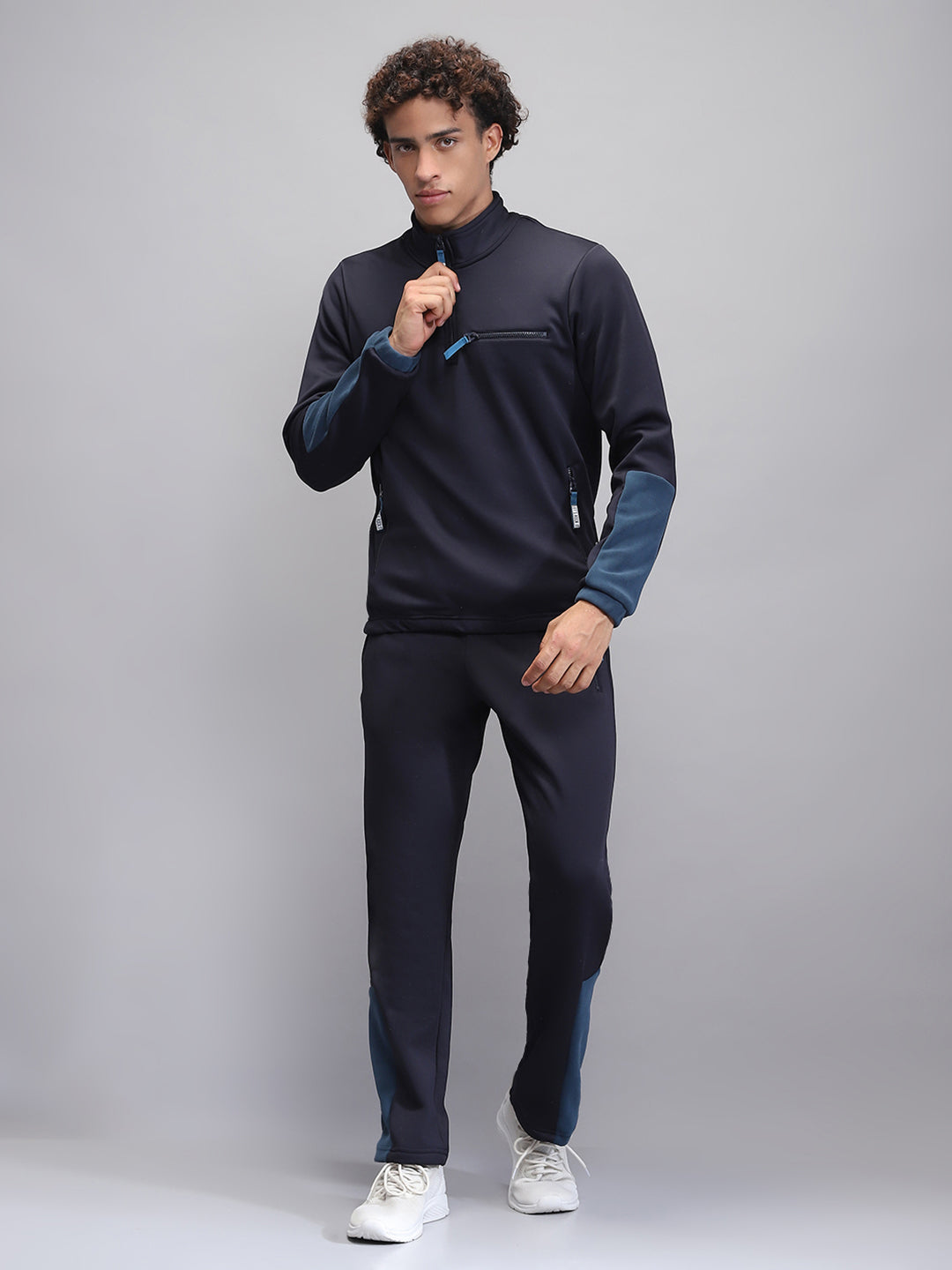 Men Navy Blue Solid Mock Neck Full Sleeve Winter Tracksuit