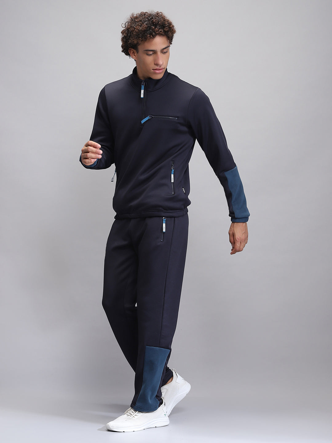 Men Navy Blue Solid Mock Neck Full Sleeve Winter Tracksuit