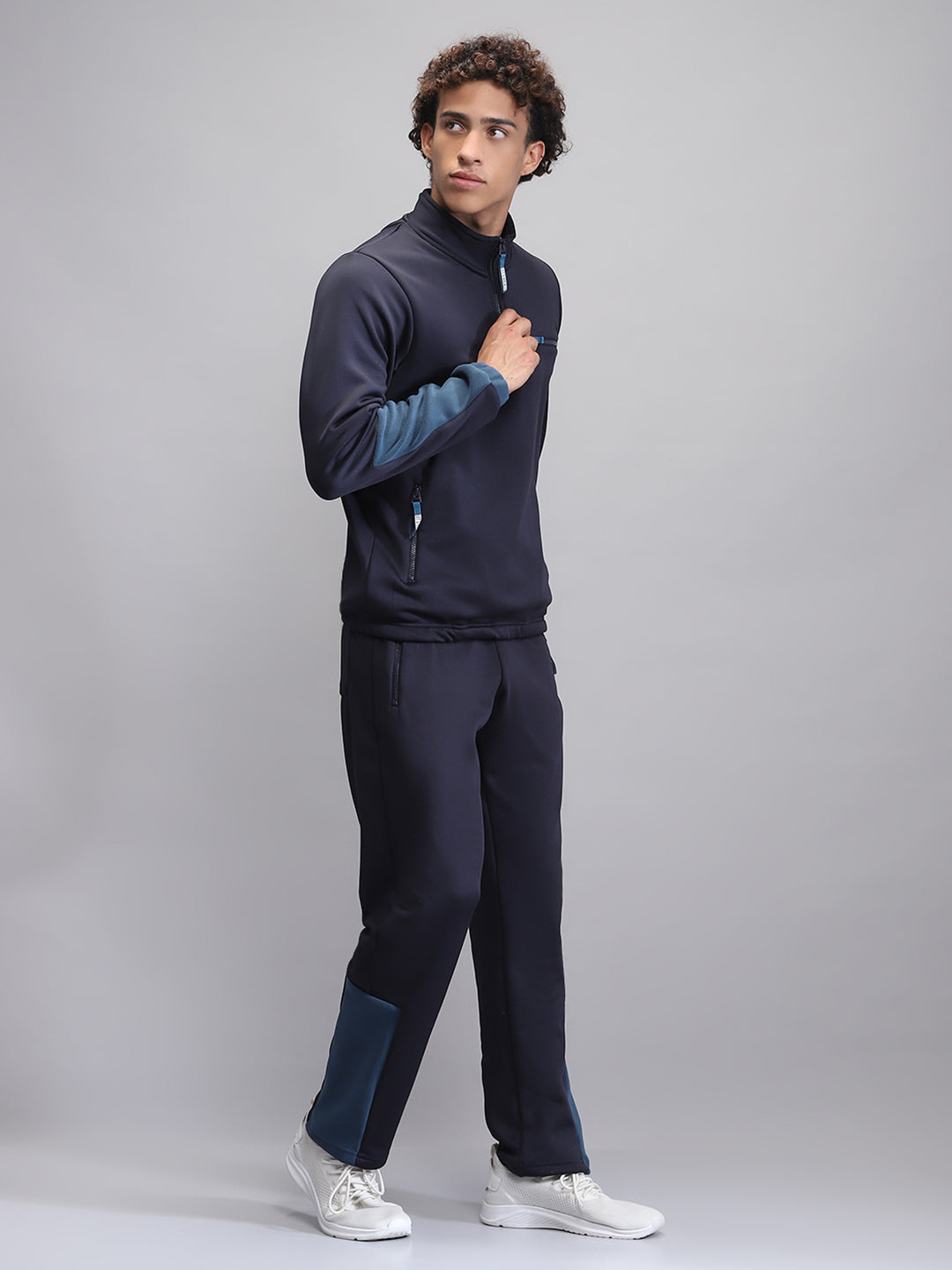 Men Navy Blue Solid Mock Neck Full Sleeve Winter Tracksuit