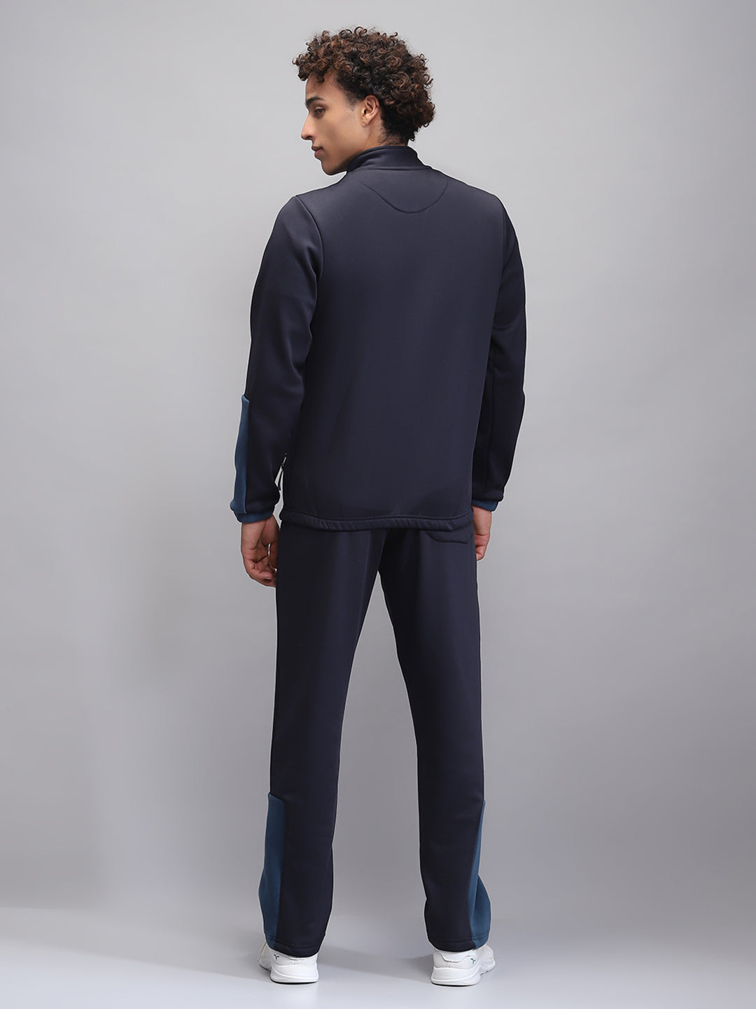 Men Navy Blue Solid Mock Neck Full Sleeve Winter Tracksuit