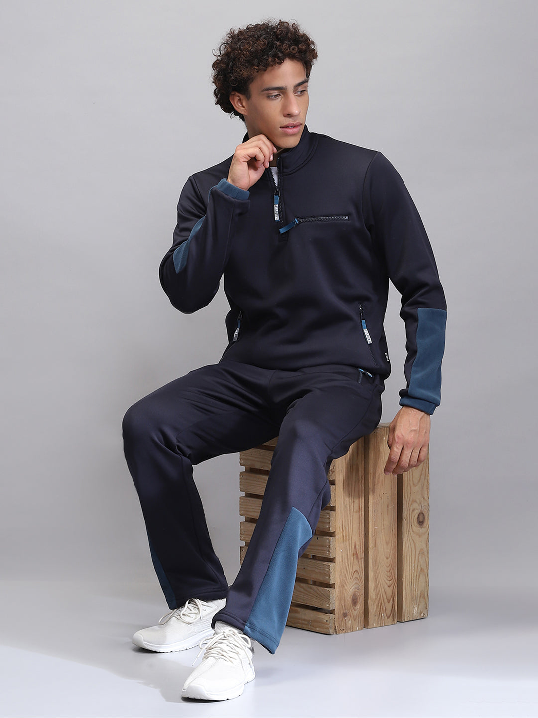 Men Navy Blue Solid Mock Neck Full Sleeve Winter Tracksuit