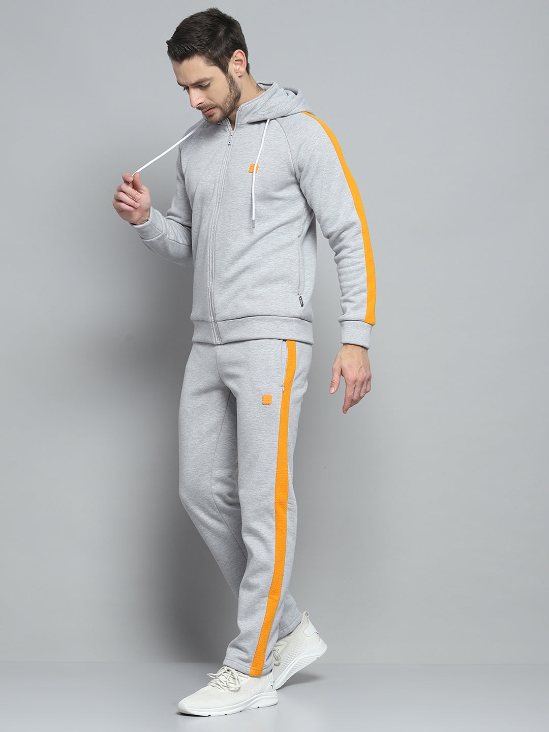 Men Grey Solid Hooded Full Sleeve Winter Tracksuit