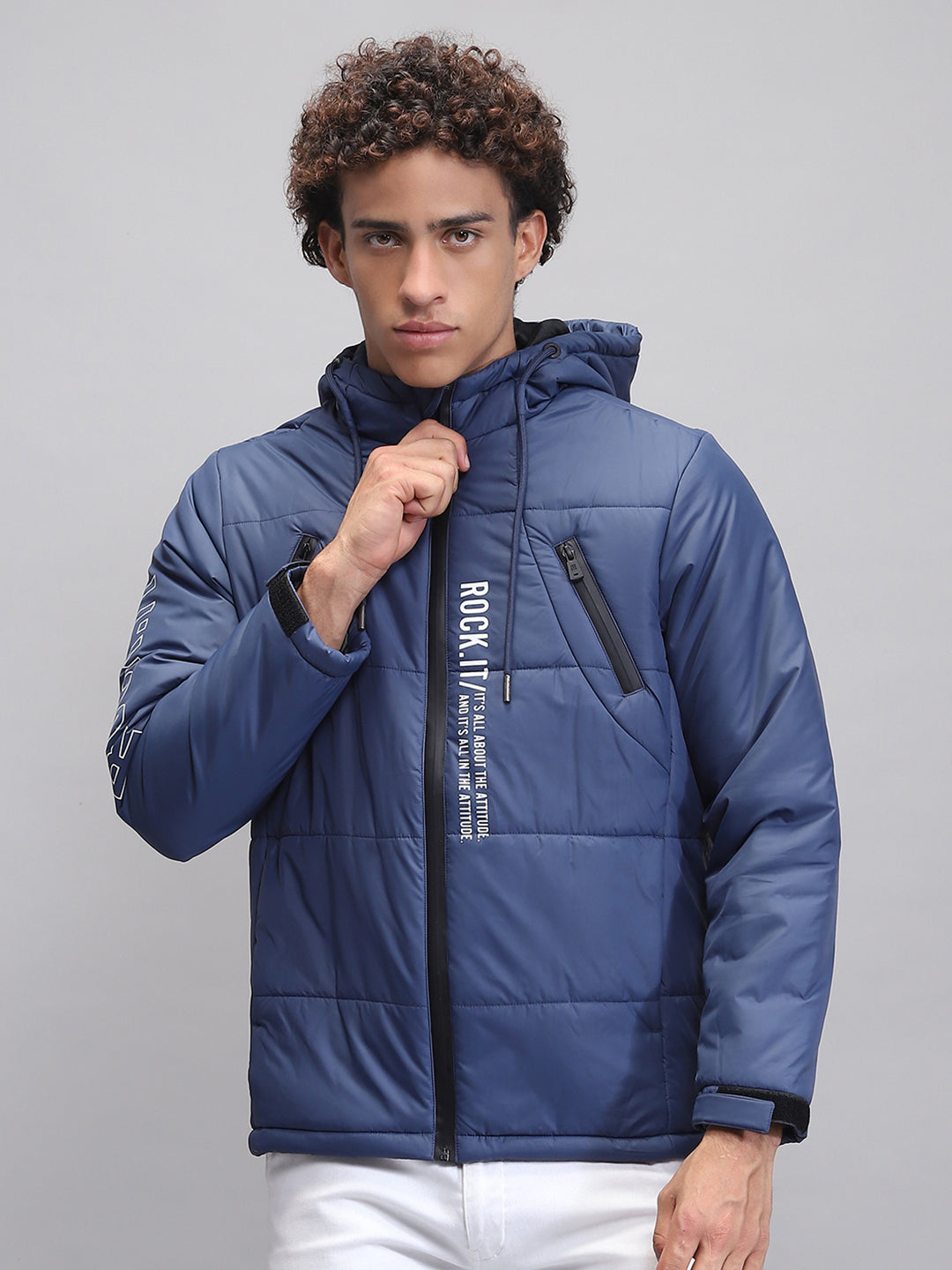 Men Teal Blue Solid Hooded Full Sleeve Jacket