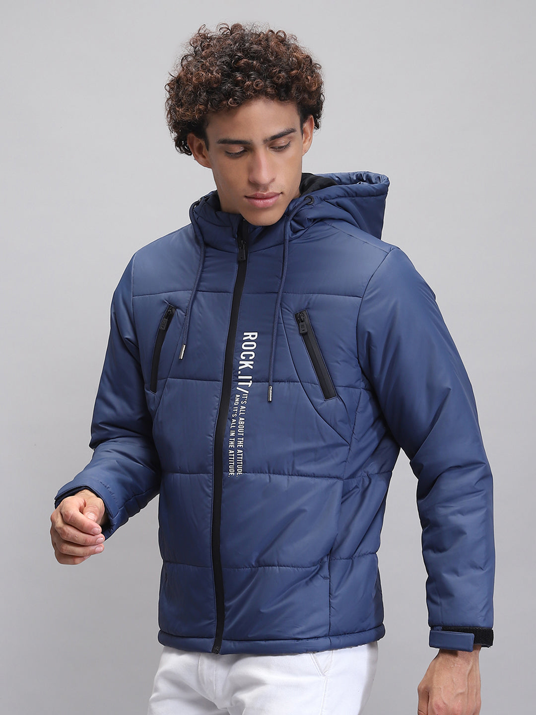 Men Teal Blue Solid Hooded Full Sleeve Jacket