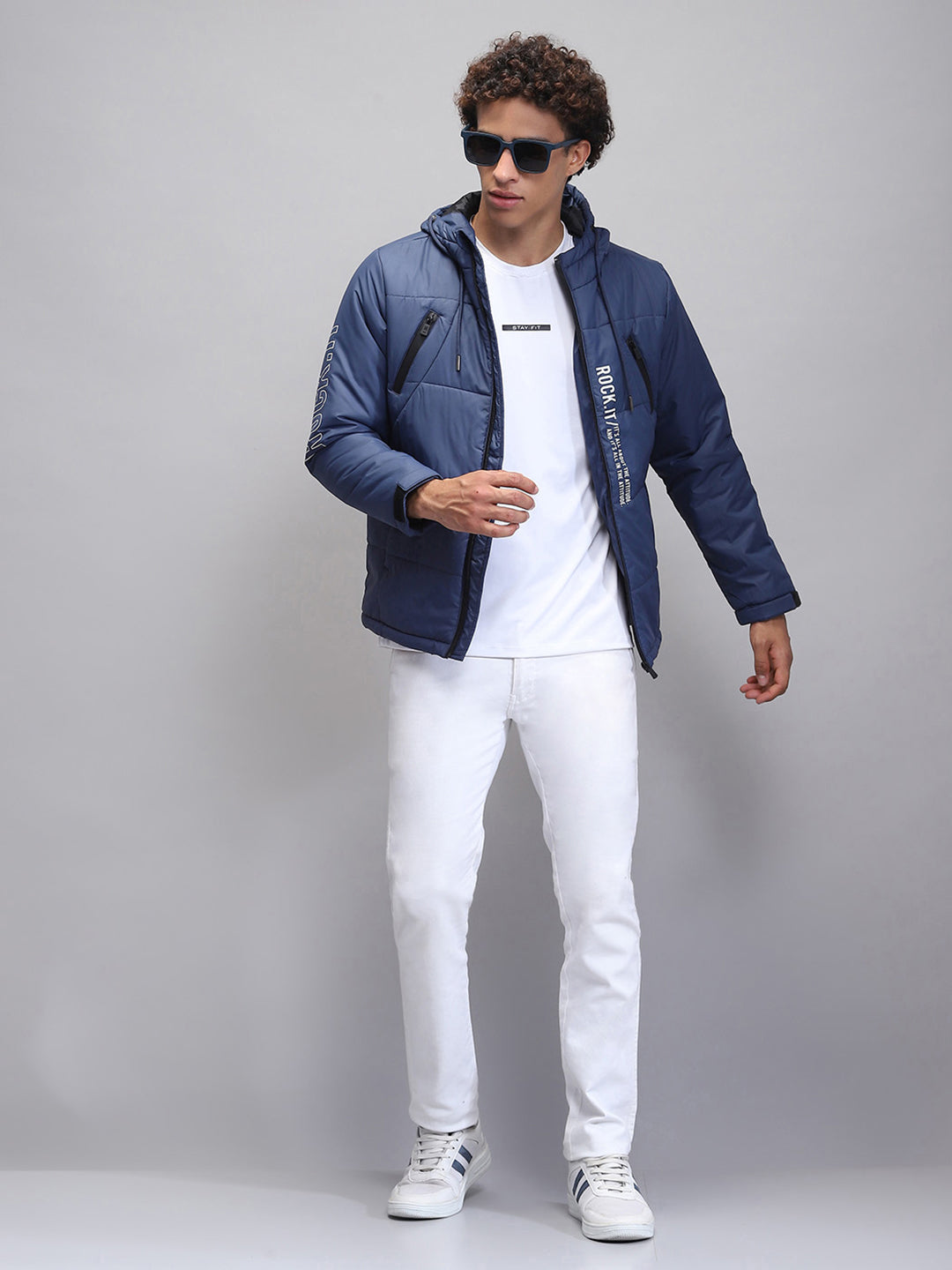 Men Teal Blue Solid Hooded Full Sleeve Jacket