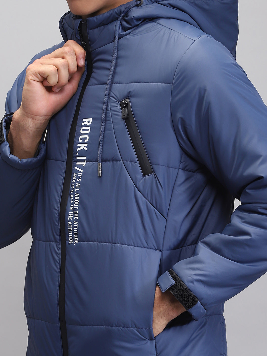 Men Teal Blue Solid Hooded Full Sleeve Jacket
