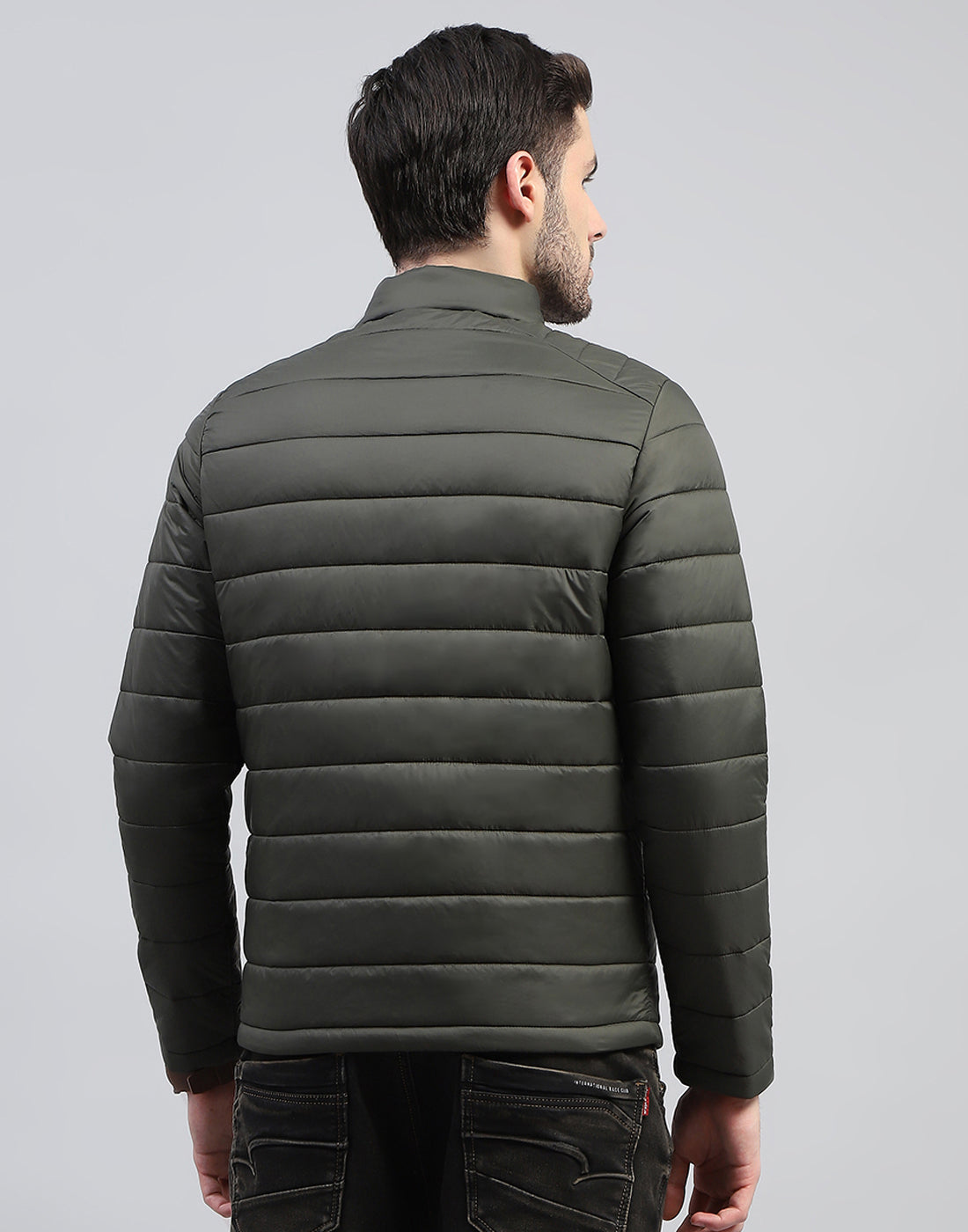 Men Olive Solid Band Collar Full Sleeve Jacket