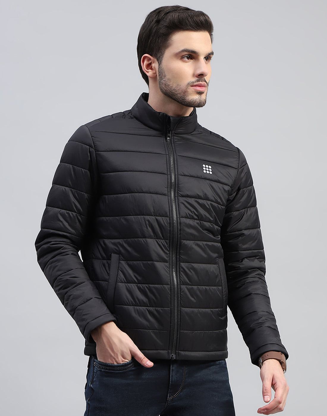 Men Black Solid Band Collar Full Sleeve Jacket