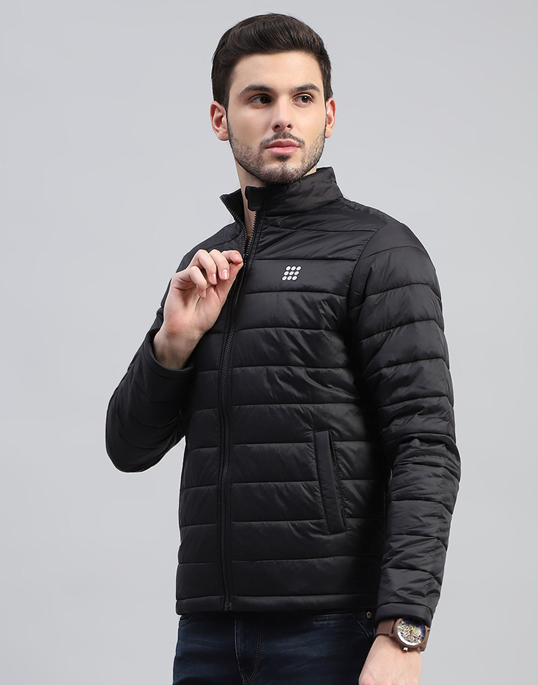 Men Black Solid Band Collar Full Sleeve Jacket