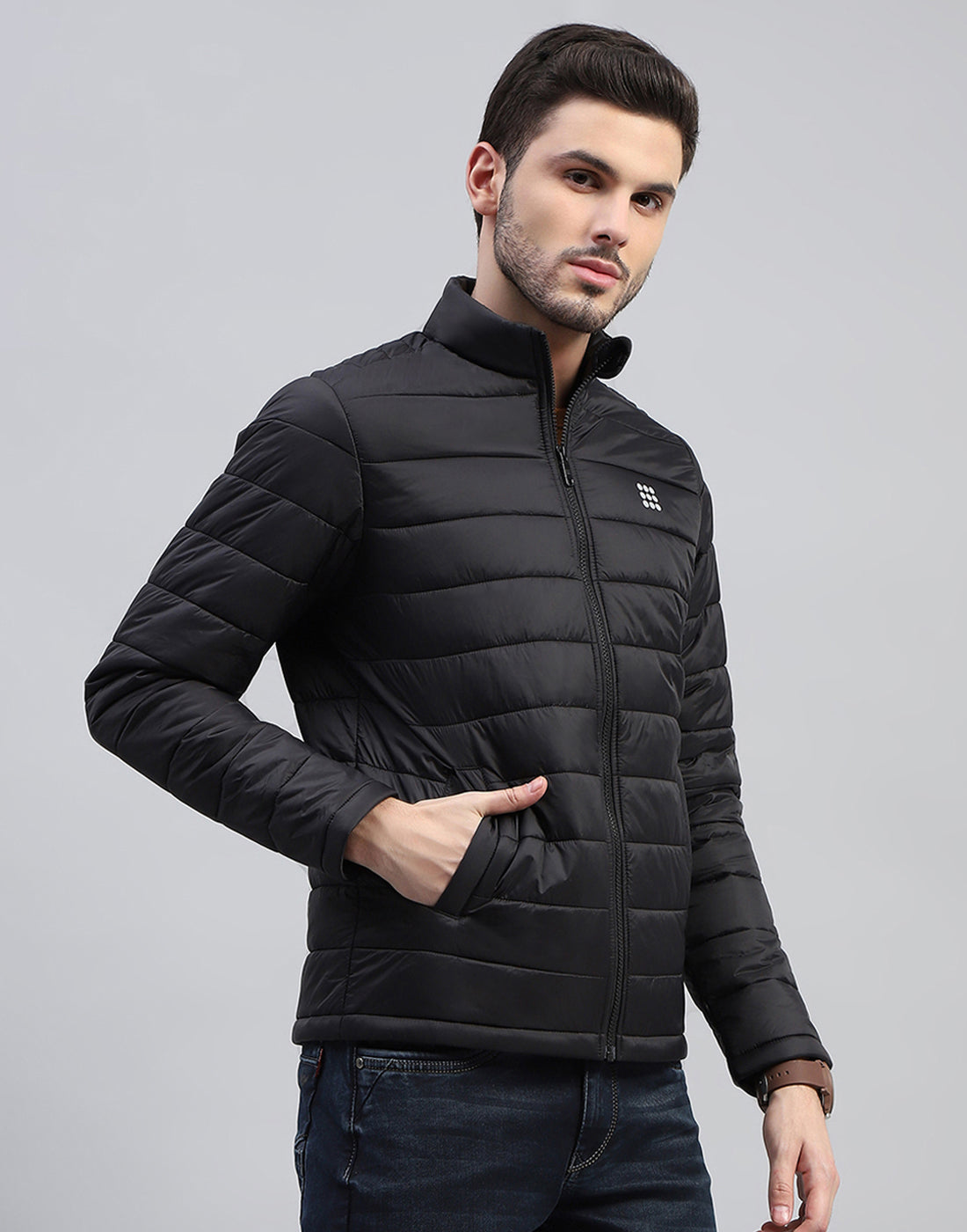 Men Black Solid Band Collar Full Sleeve Jacket