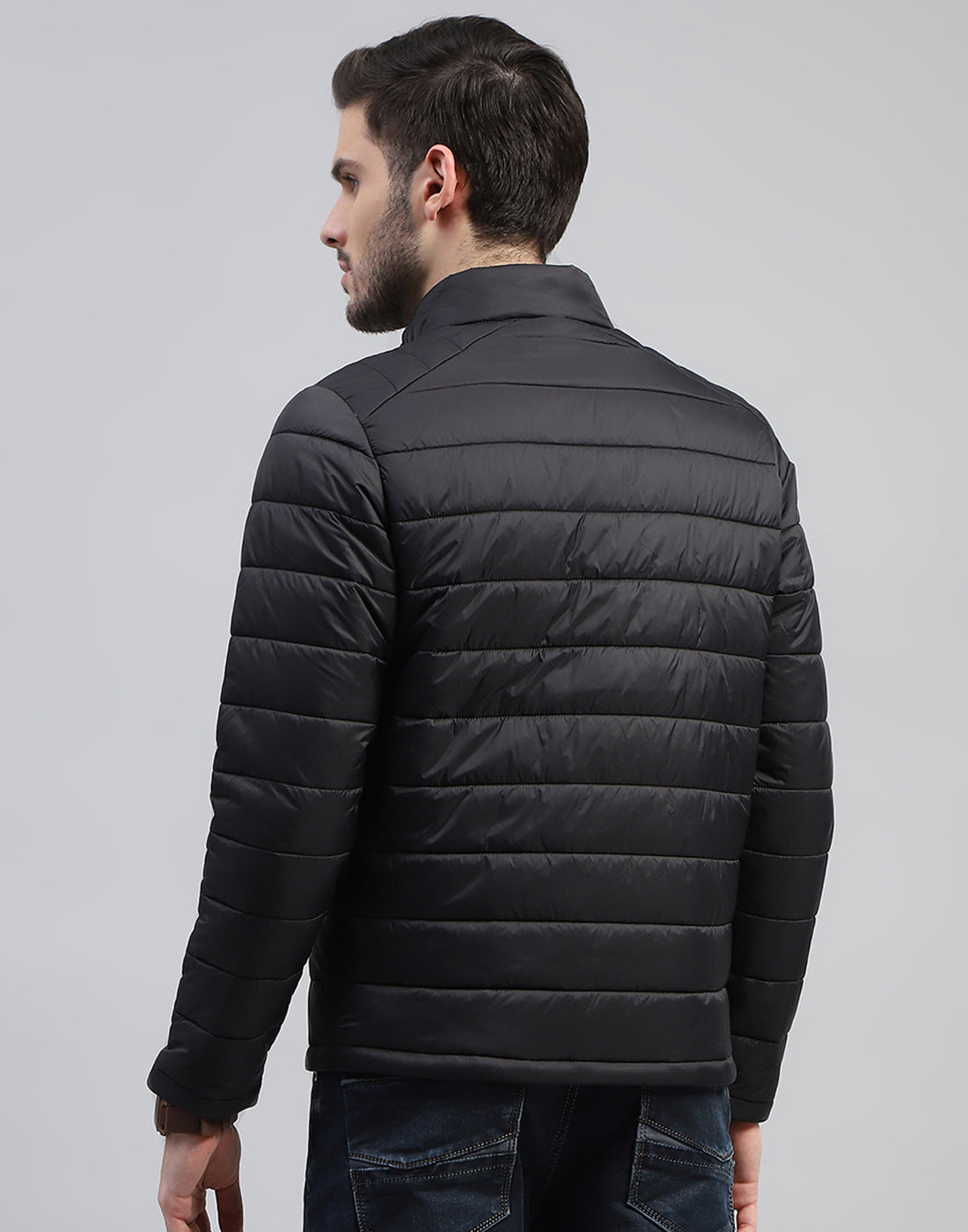 Men Black Solid Band Collar Full Sleeve Jacket