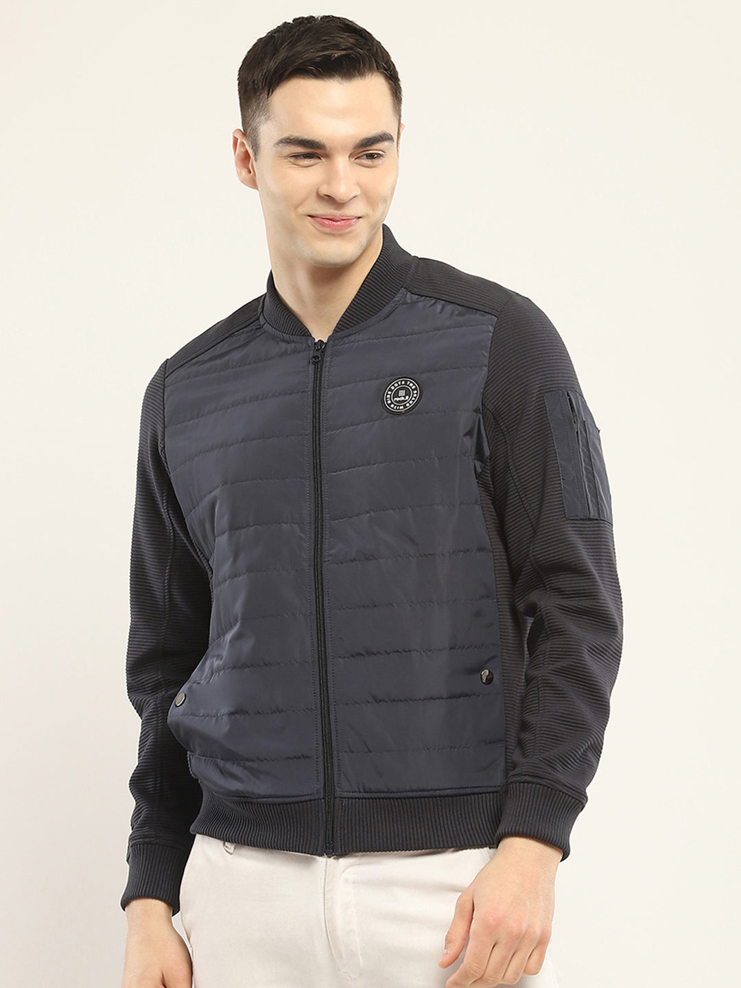 Men Navy Blue Solid Band Collar Full Sleeve Jacket