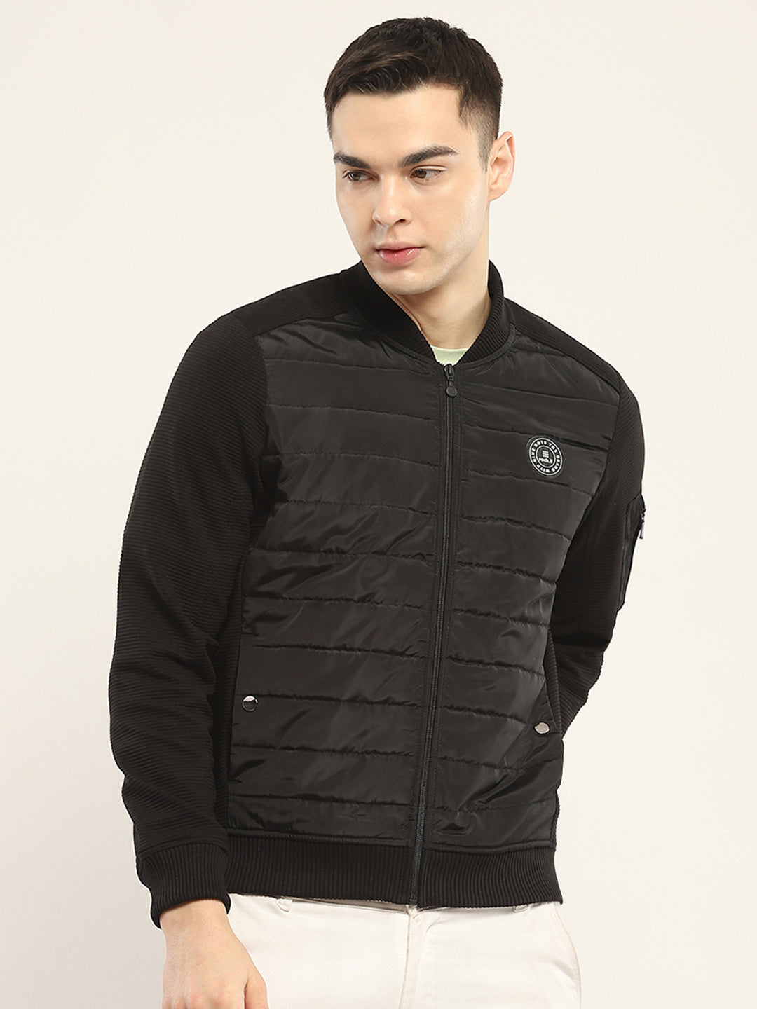 Men Black Solid Band Collar Full Sleeve Jacket
