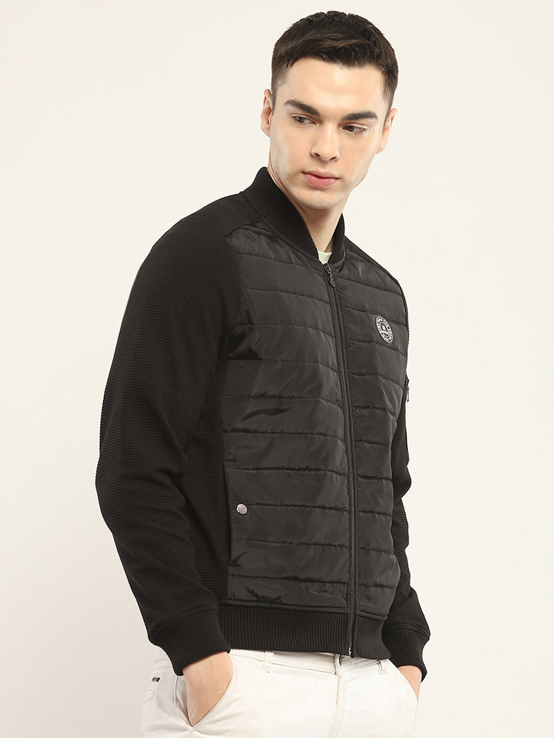 Men Black Solid Band Collar Full Sleeve Jacket
