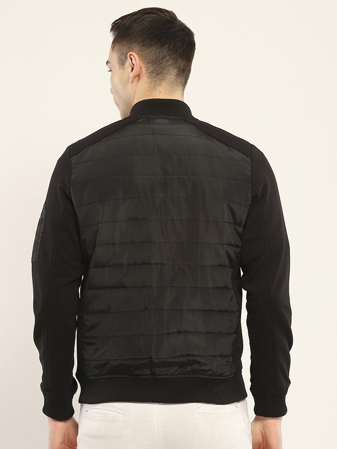 Men Black Solid Band Collar Full Sleeve Jacket