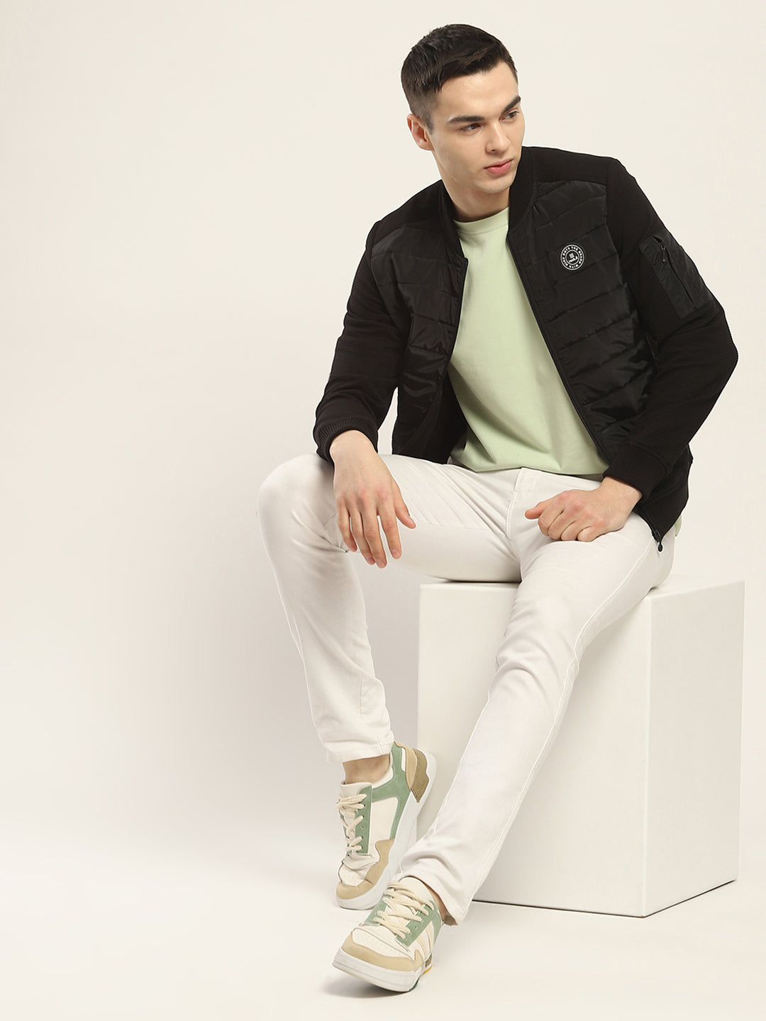 Men Black Solid Band Collar Full Sleeve Jacket