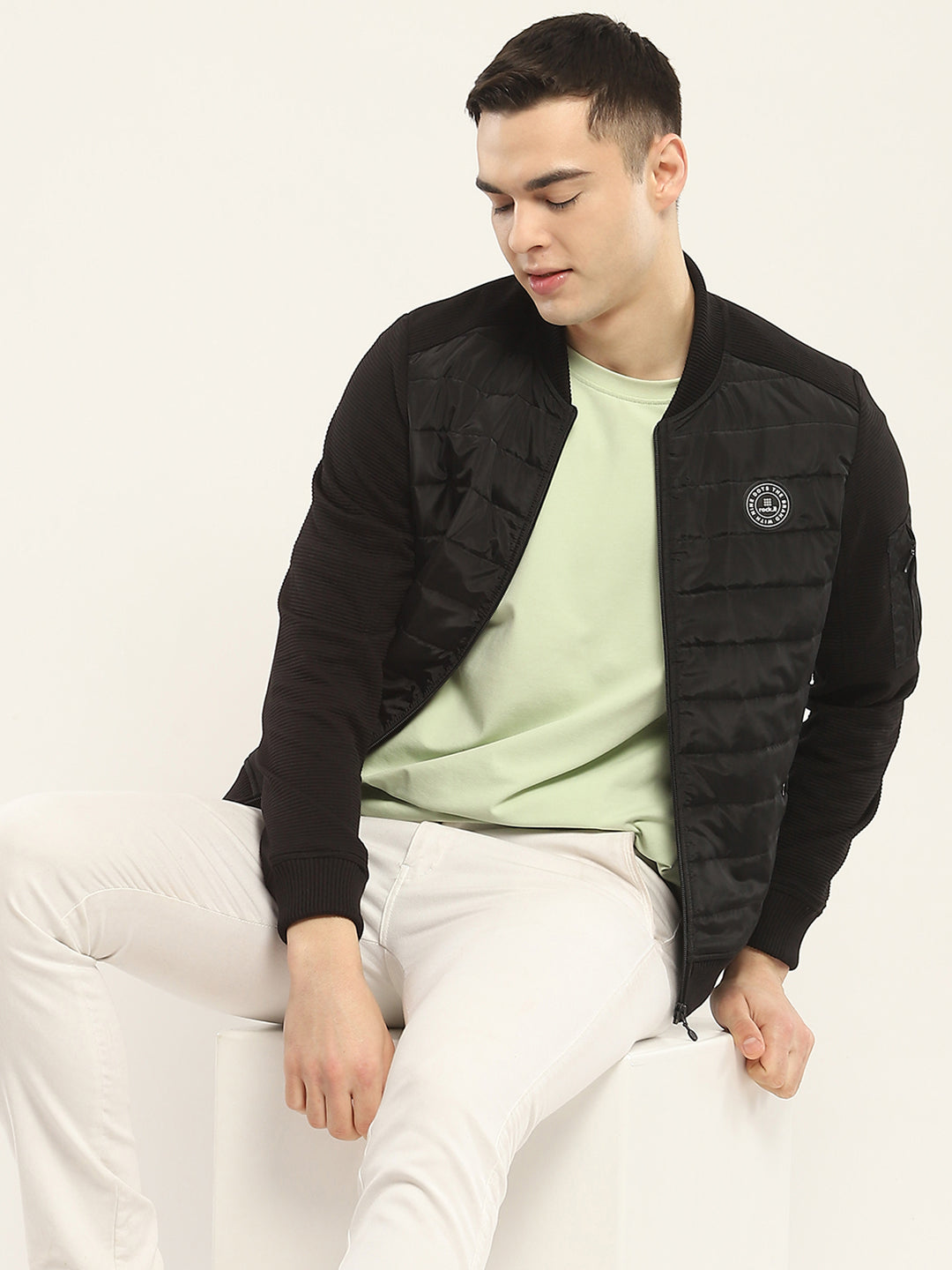 Men Black Solid Band Collar Full Sleeve Jacket