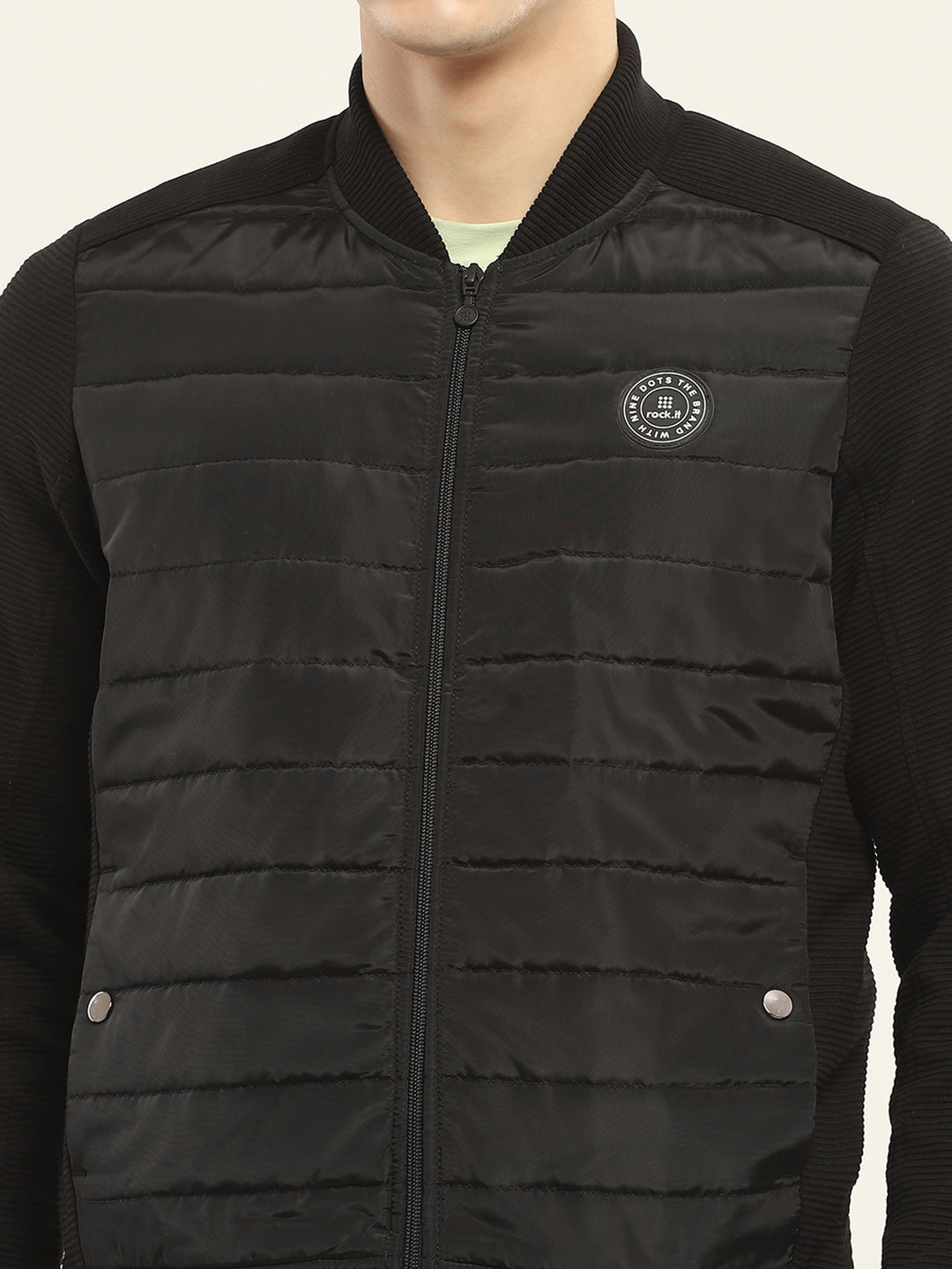 Men Black Solid Band Collar Full Sleeve Jacket