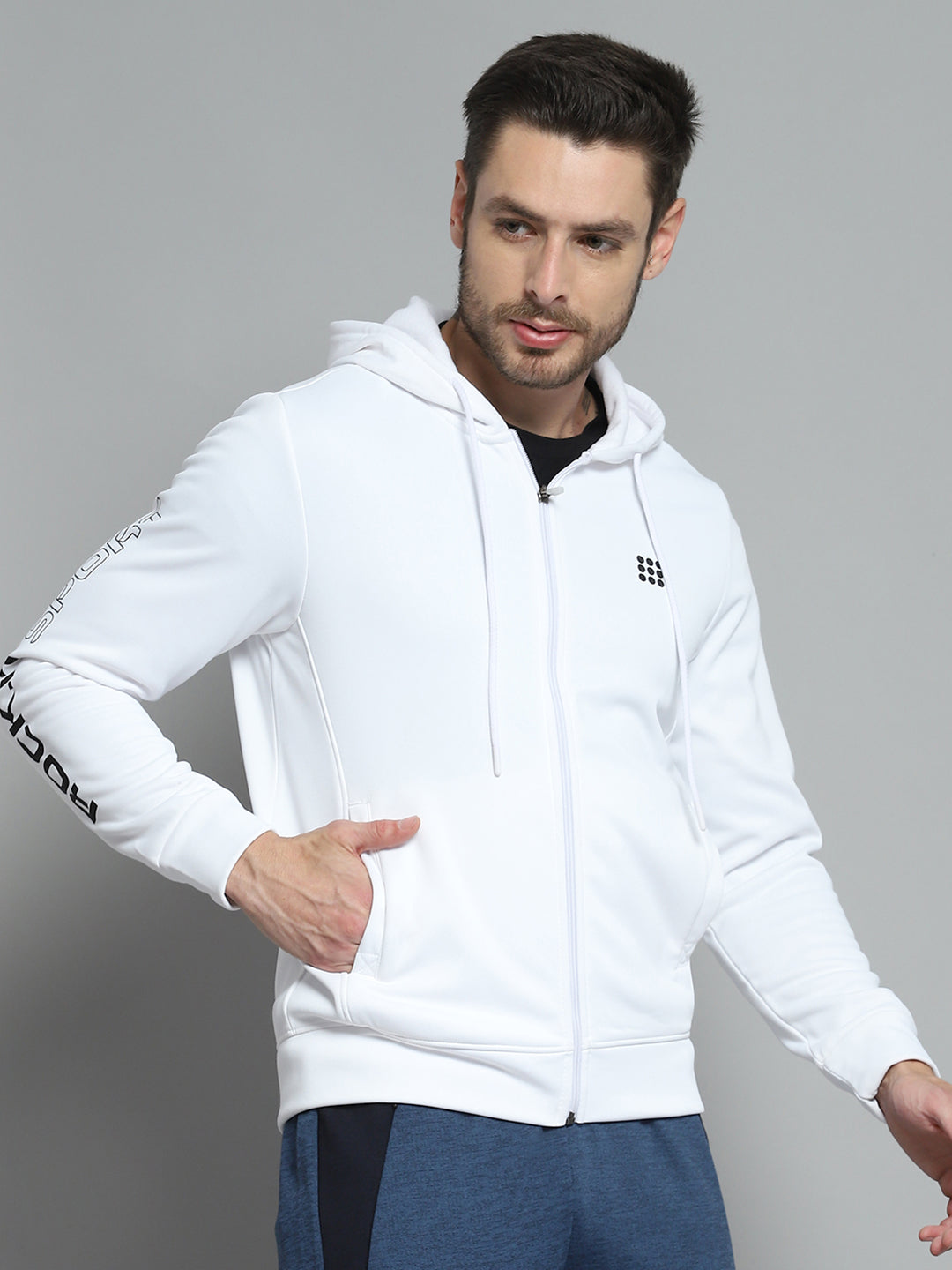 Rock.it Men White Printed Hooded Full Sleeve Sweatshirt