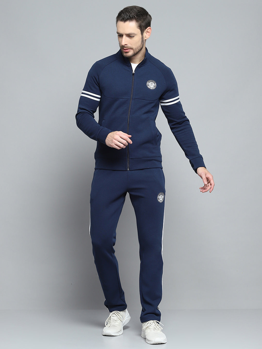 Men Navy Blue Printed Mock Neck Full Sleeve Winter Tracksuit