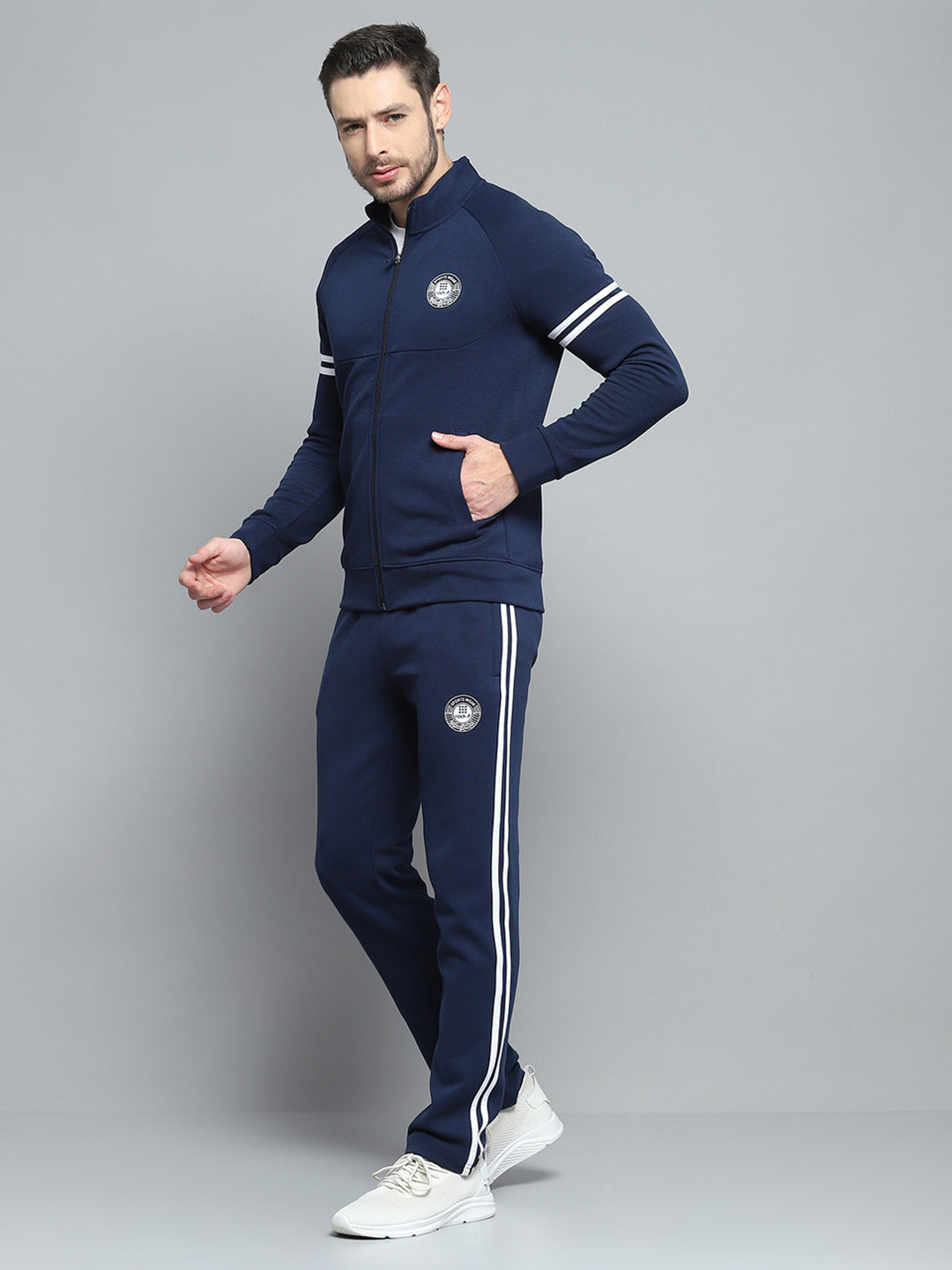 Men Navy Blue Printed Mock Neck Full Sleeve Winter Tracksuit