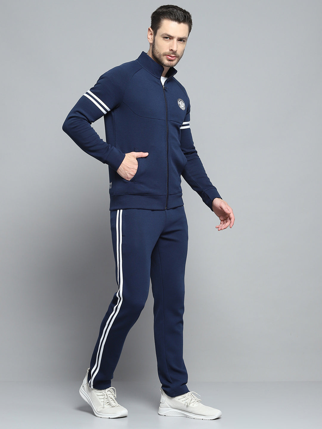 Men Navy Blue Printed Mock Neck Full Sleeve Winter Tracksuit
