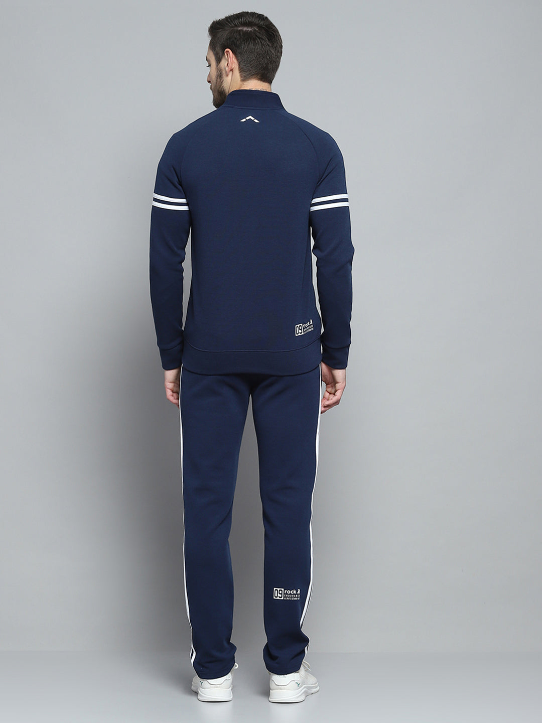 Men Navy Blue Printed Mock Neck Full Sleeve Winter Tracksuit