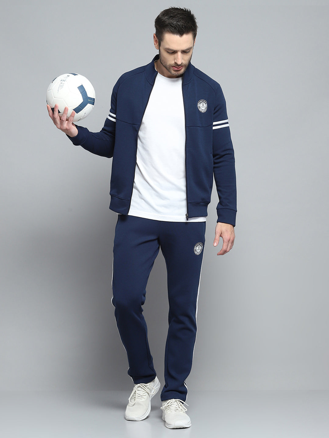 Men Navy Blue Printed Mock Neck Full Sleeve Winter Tracksuit