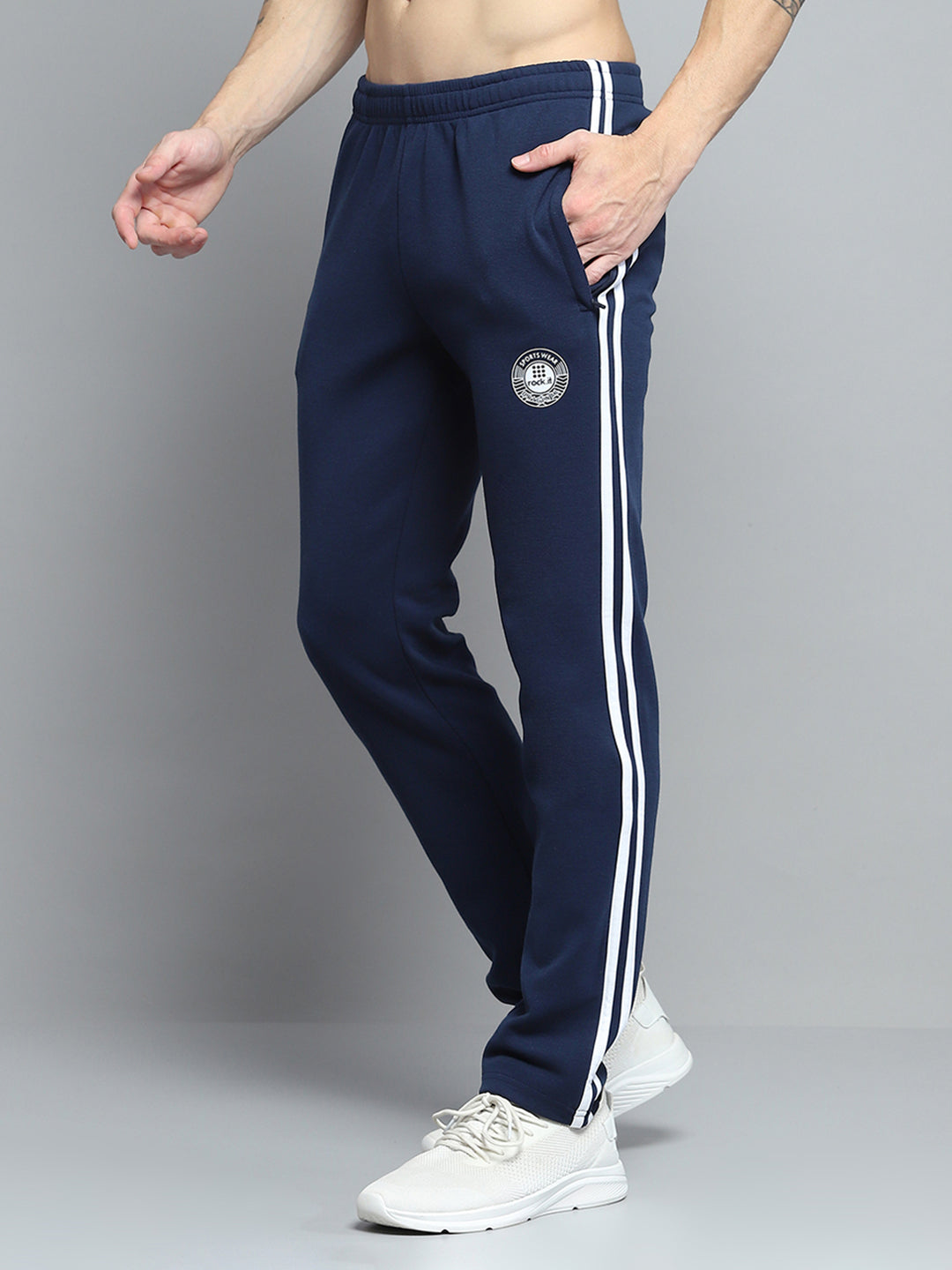 Men Navy Blue Printed Mock Neck Full Sleeve Winter Tracksuit
