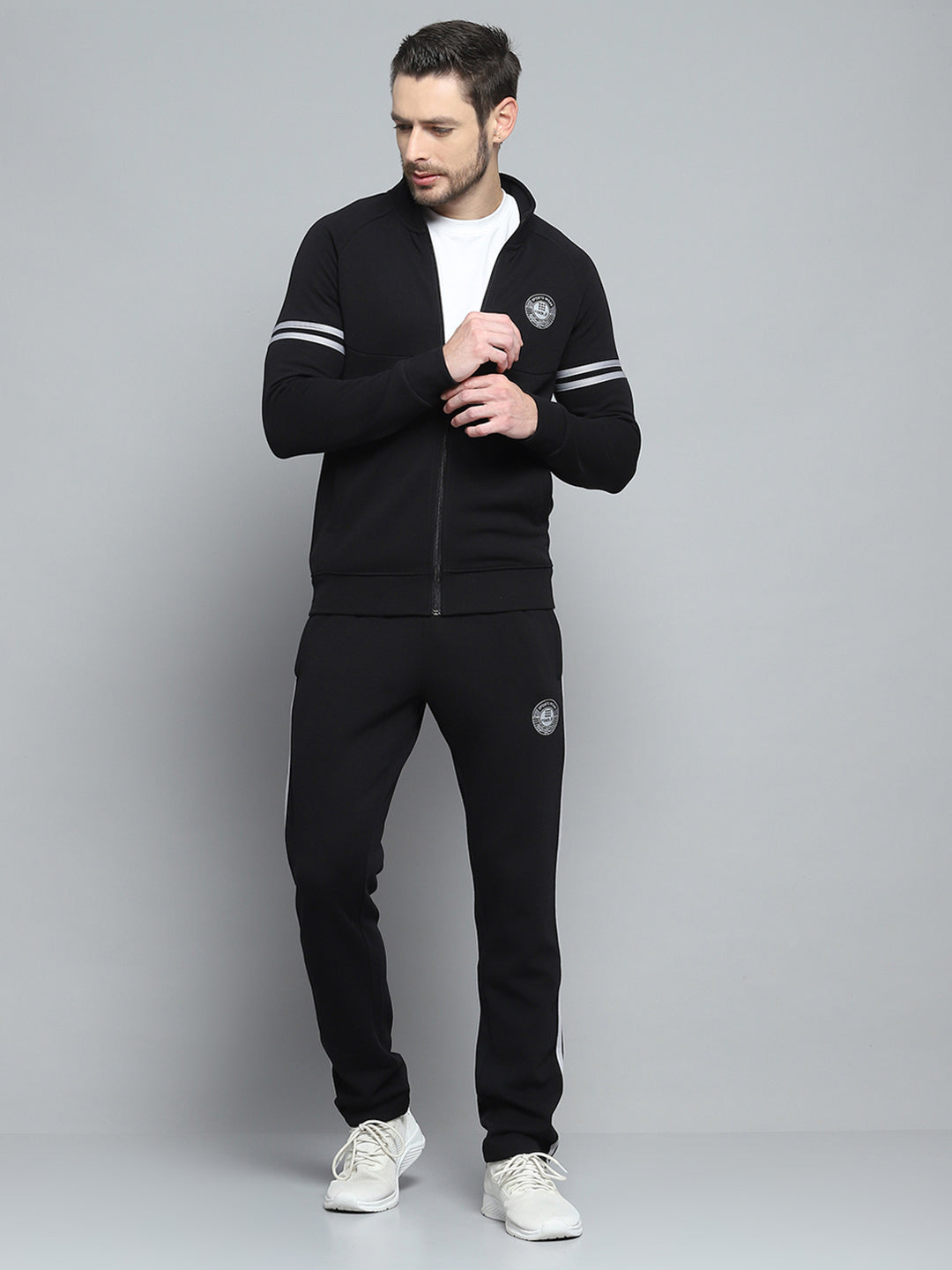 Men Black Printed Mock Neck Full Sleeve Winter Tracksuit