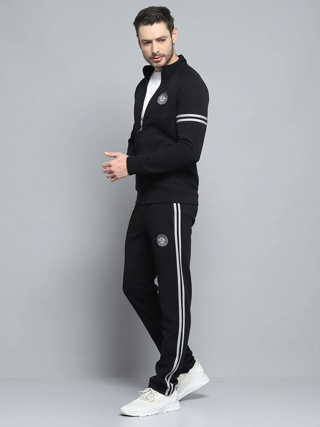 Men Black Printed Mock Neck Full Sleeve Winter Tracksuit