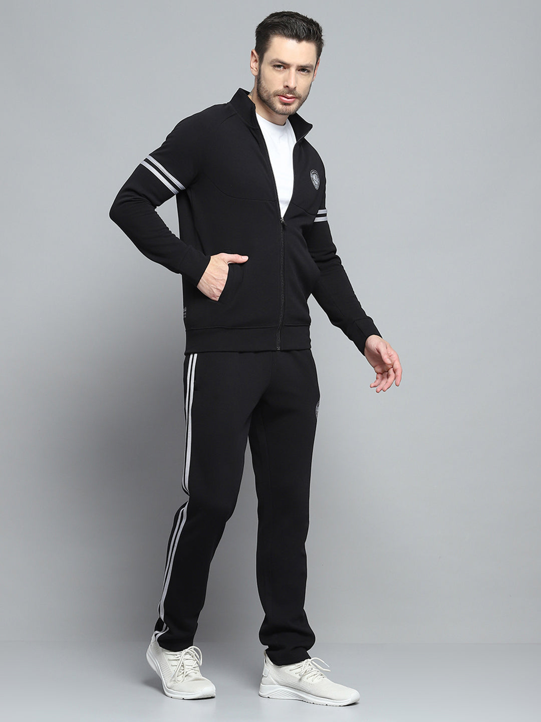 Men Black Printed Mock Neck Full Sleeve Winter Tracksuit