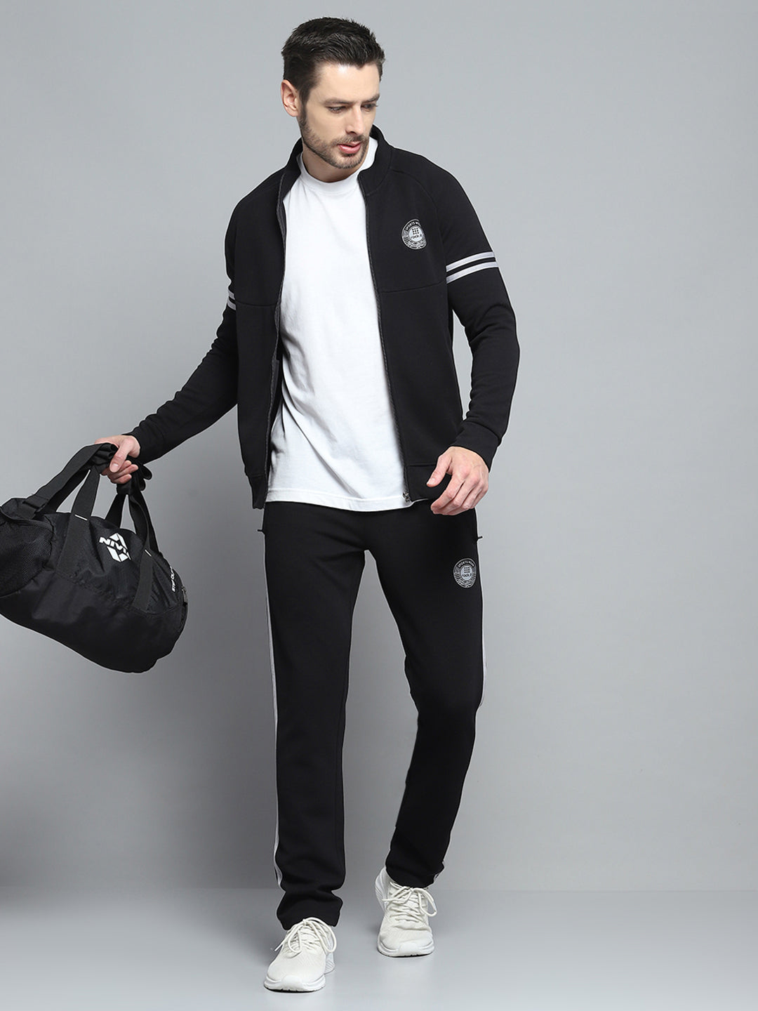 Men Black Printed Mock Neck Full Sleeve Winter Tracksuit