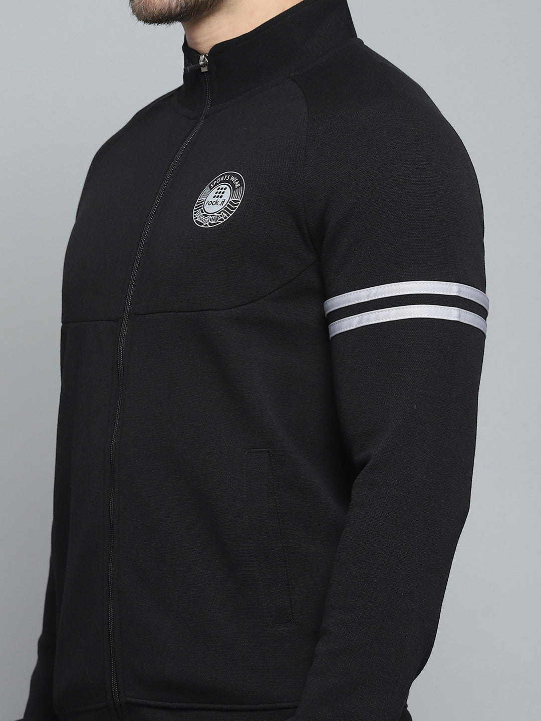 Men Black Printed Mock Neck Full Sleeve Winter Tracksuit