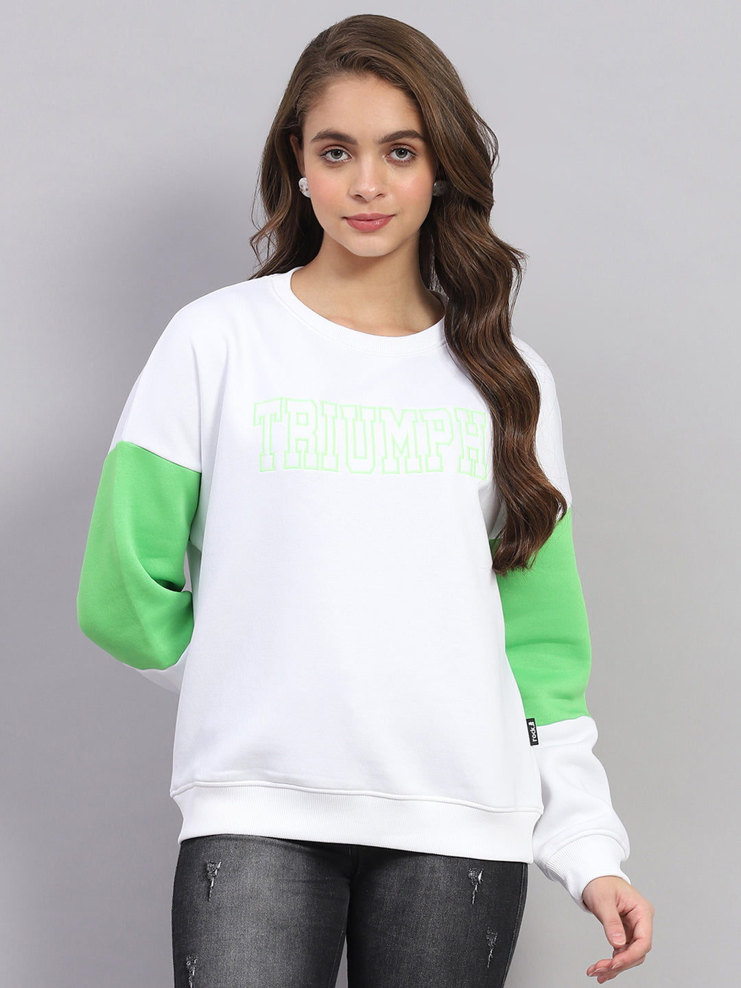 Women White Printed Round Neck Full Sleeve Sweatshirt