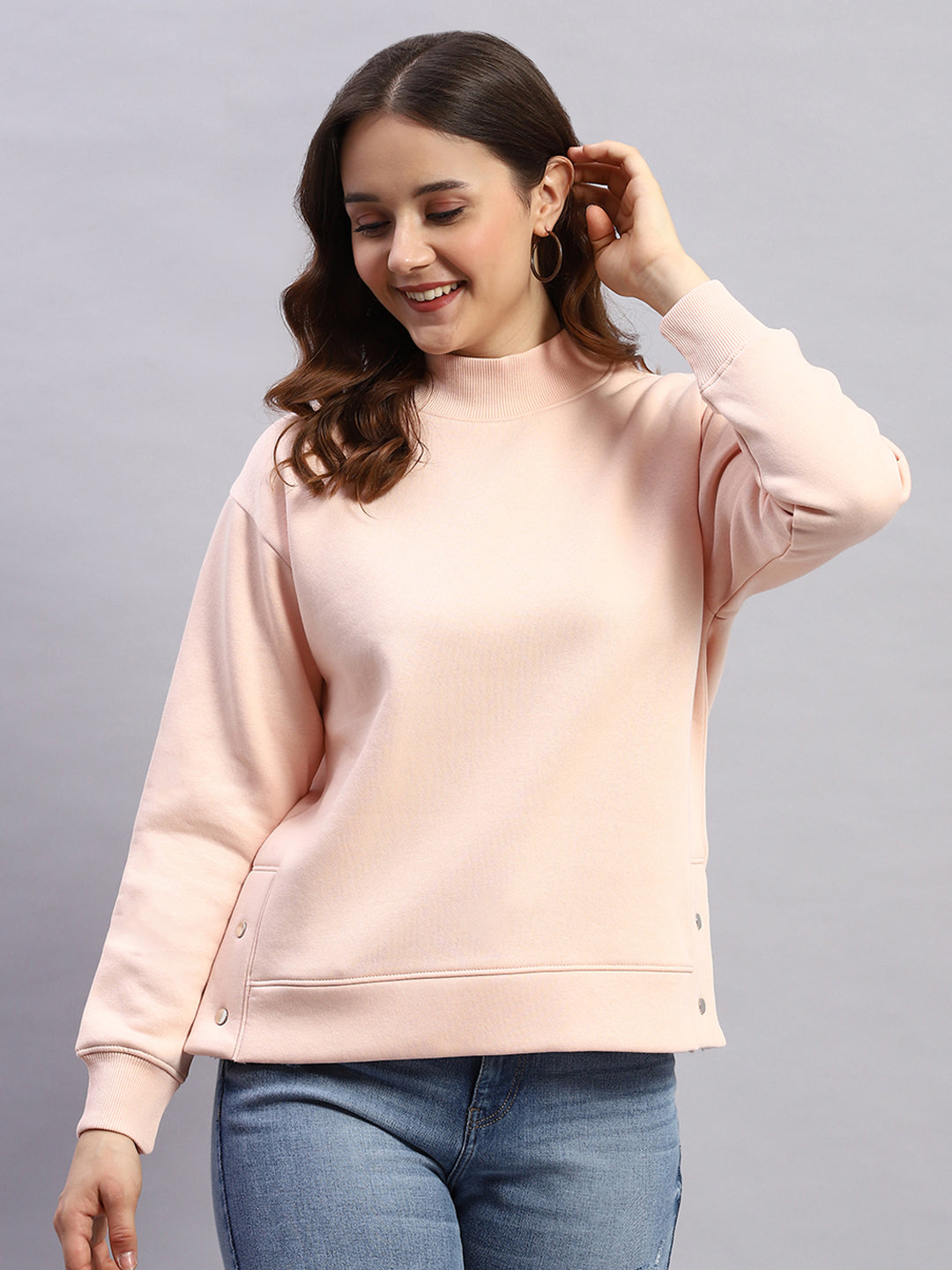 Women Peach Solid High Neck Full Sleeve Sweatshirt