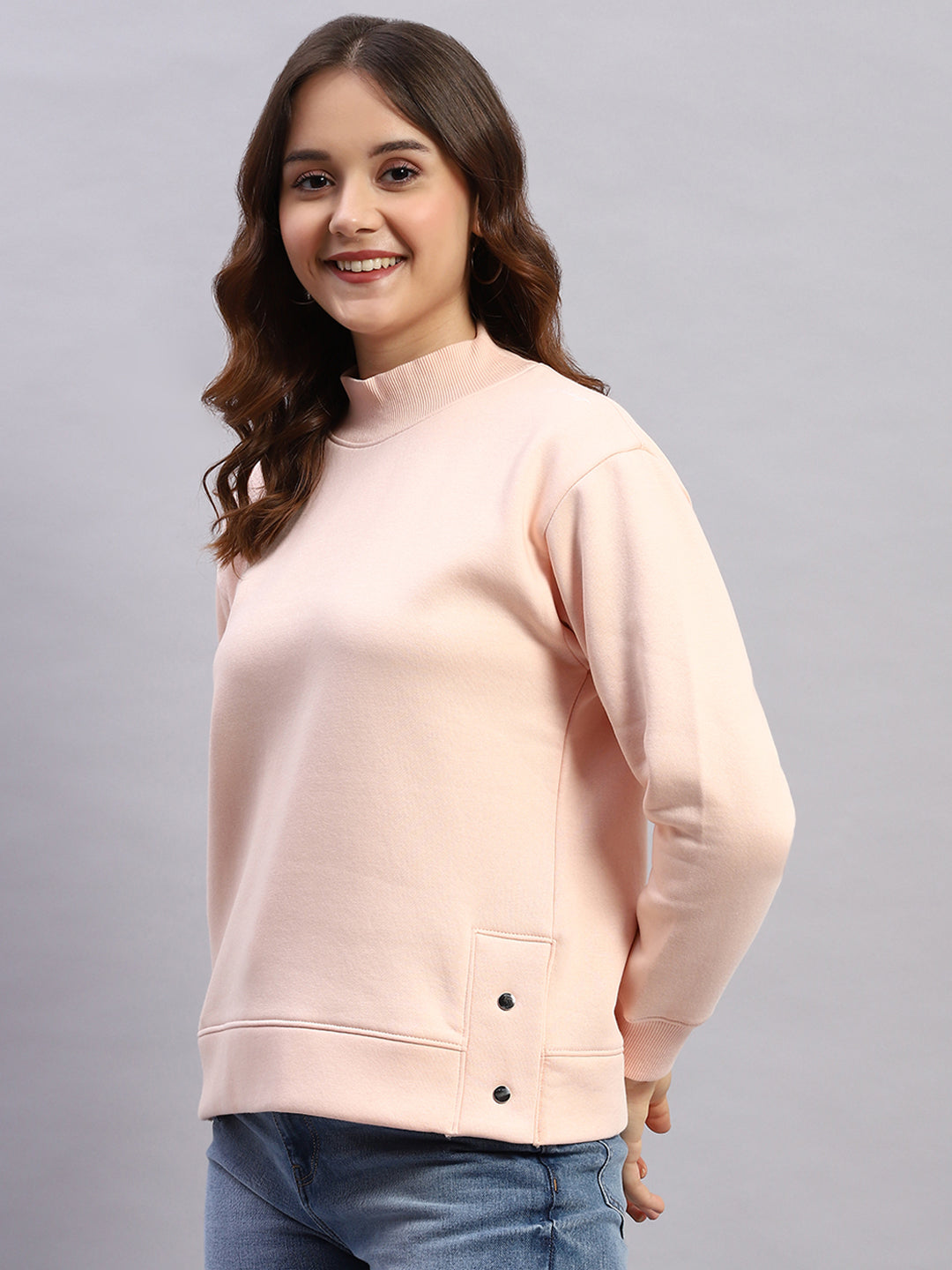 Rock.it Women Peach Solid High Neck Full Sleeve Sweatshirt