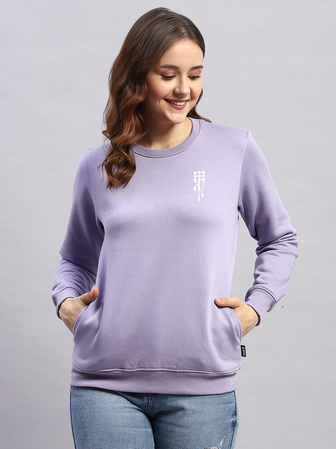 Women Purple Printed Round Neck Full Sleeve Sweatshirt