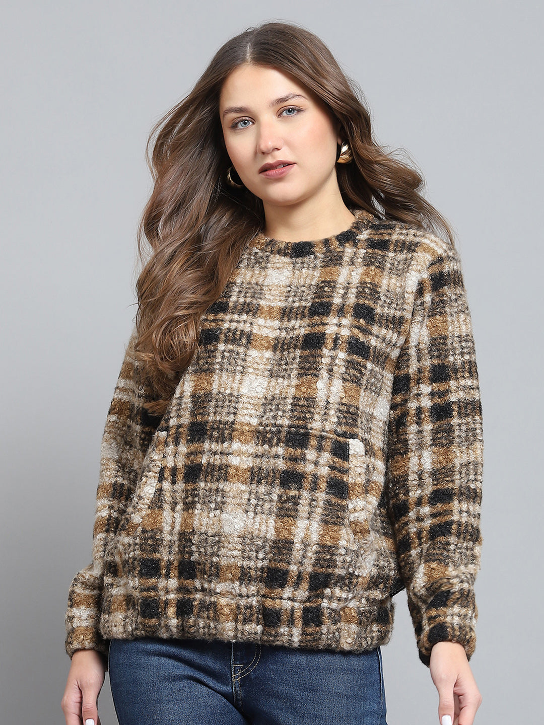 Women Brown Self Design Round Neck Full Sleeve Sweatshirt