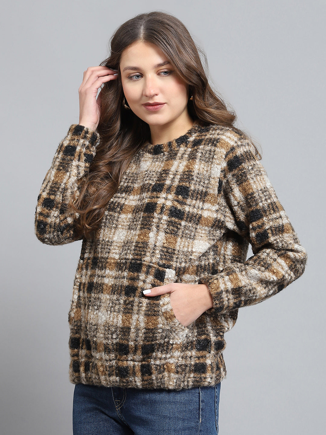 Women Brown Self Design Round Neck Full Sleeve Sweatshirt