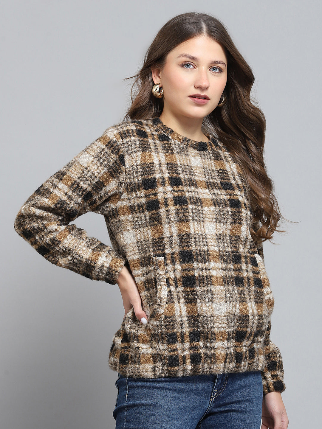 Women Brown Self Design Round Neck Full Sleeve Sweatshirt