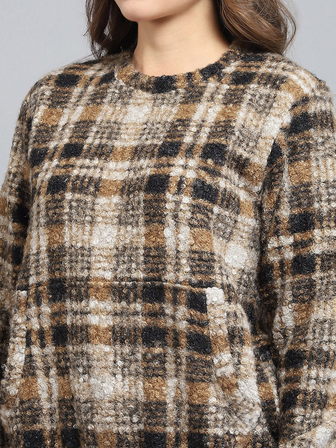 Women Brown Self Design Round Neck Full Sleeve Sweatshirt