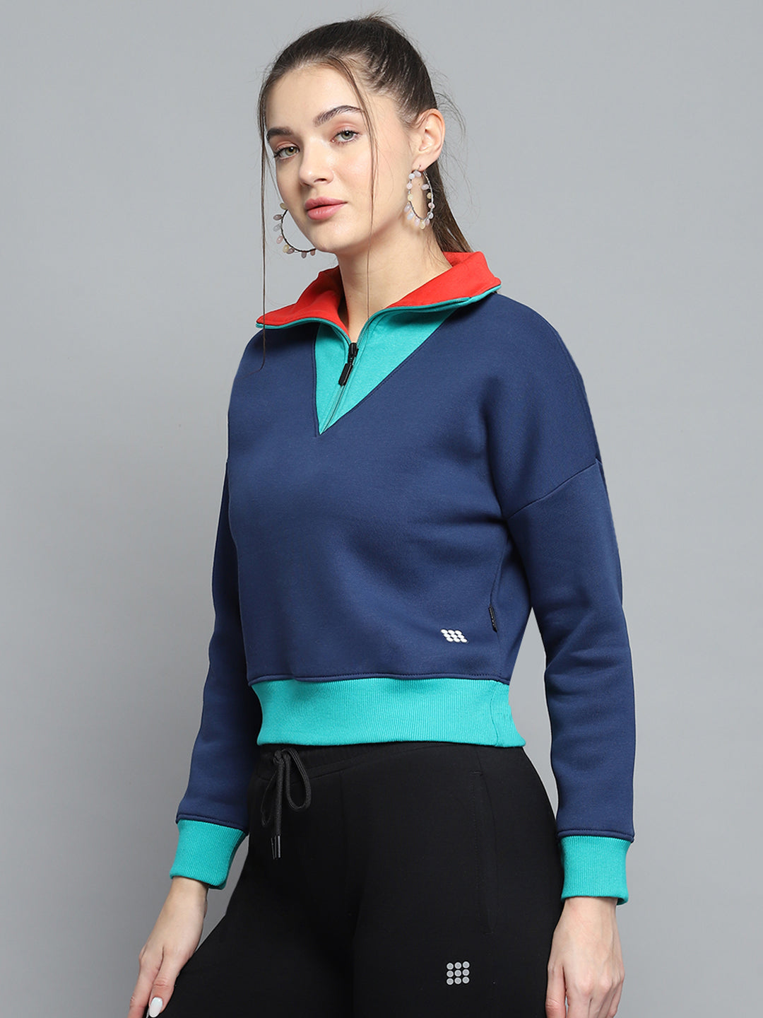 Women Blue Solid Collar Full Sleeve Sweatshirt