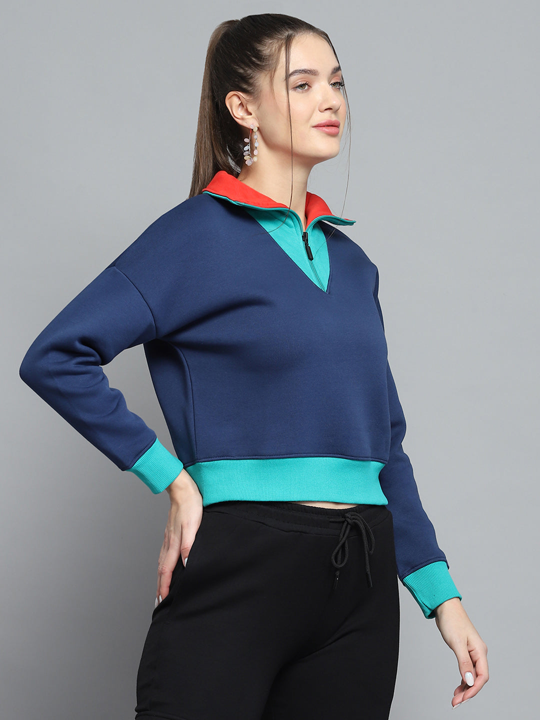Women Blue Solid Collar Full Sleeve Sweatshirt