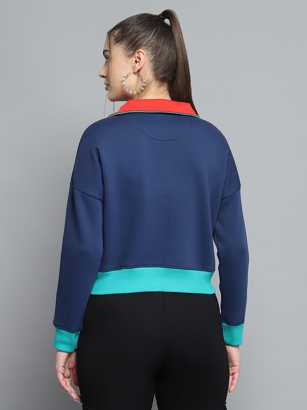 Women Blue Solid Collar Full Sleeve Sweatshirt